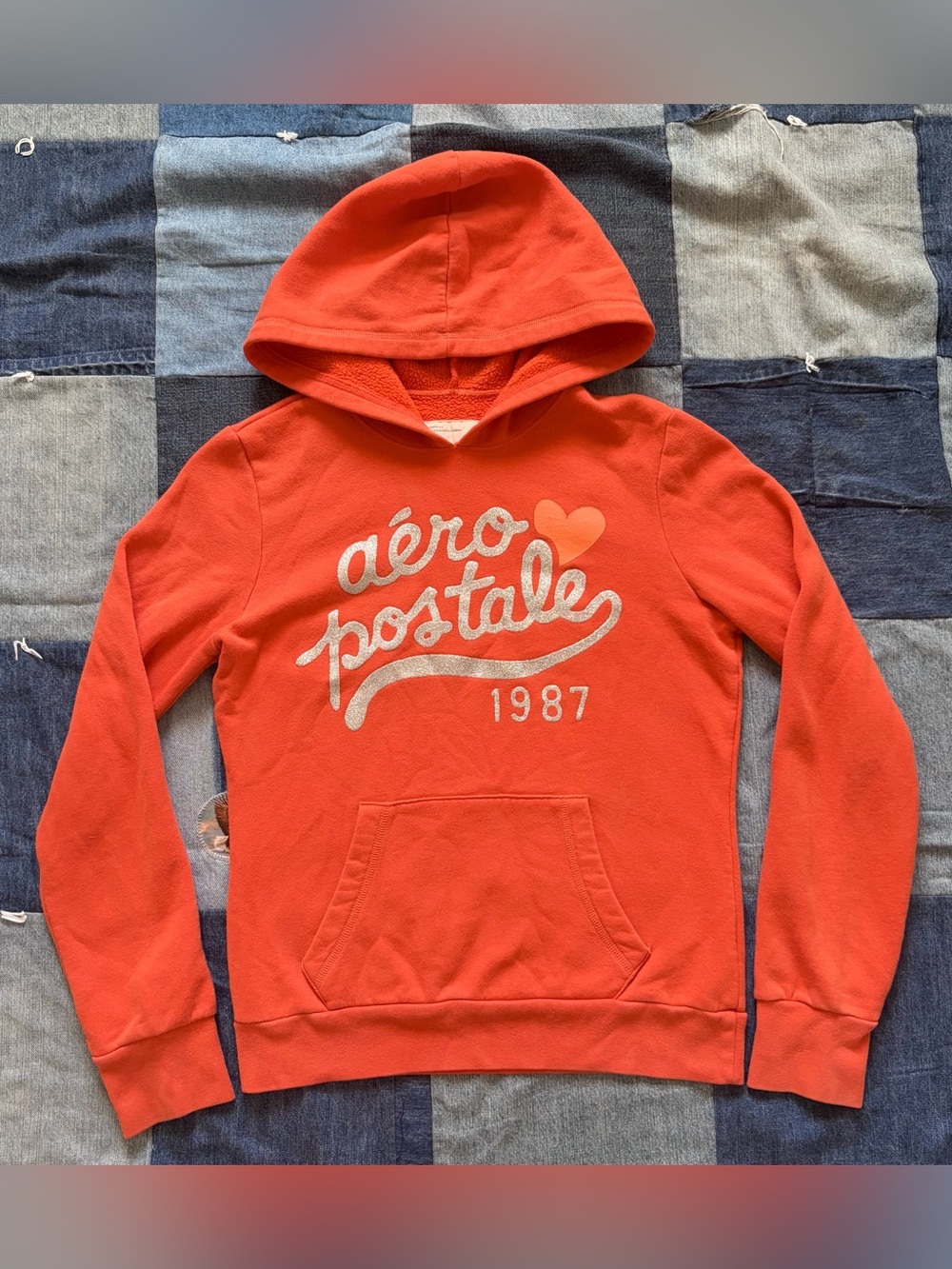2000s aeropostale orange hoodie glitter heart logo size M